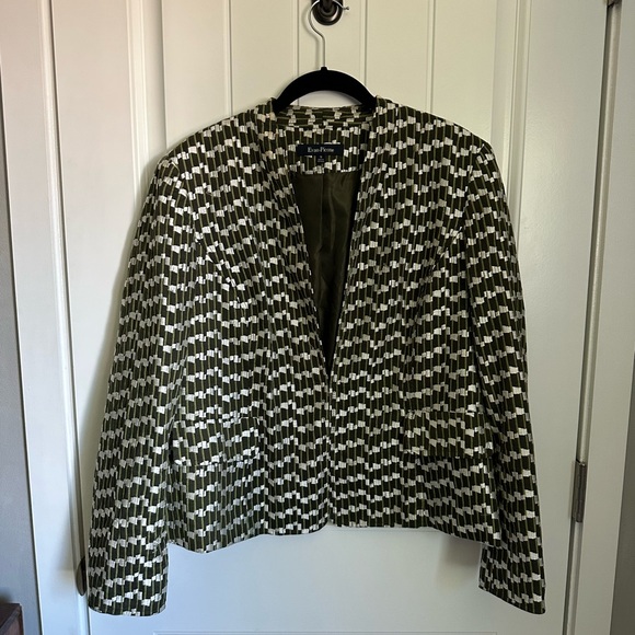 Evan-Picone Women’s Blazer 16 Green Black White Geometric Woven Jacket Lined - Picture 1 of 7